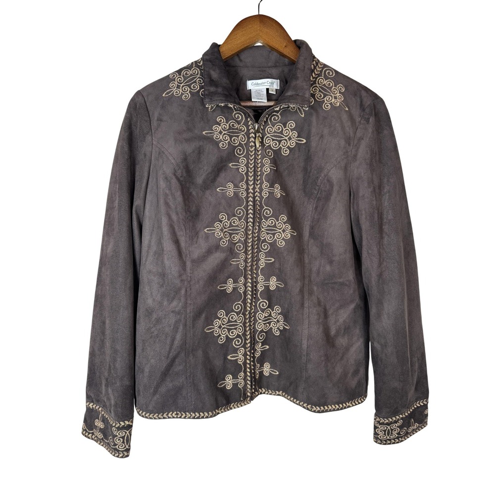 Coldwater Creek Jacket Womens Small Embroidered Faux Suede Western Boho Zip